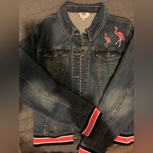Town & Ivy denim jacket with flamingos on front.